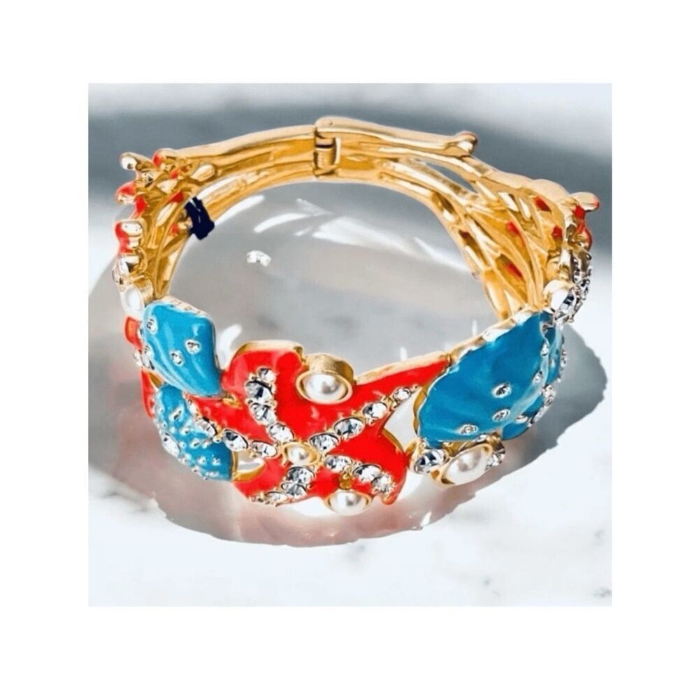 NWT Piper Gorgeous Gold Coral Blue Crystal Pearls Cuff Hinged Starfish Bracelet